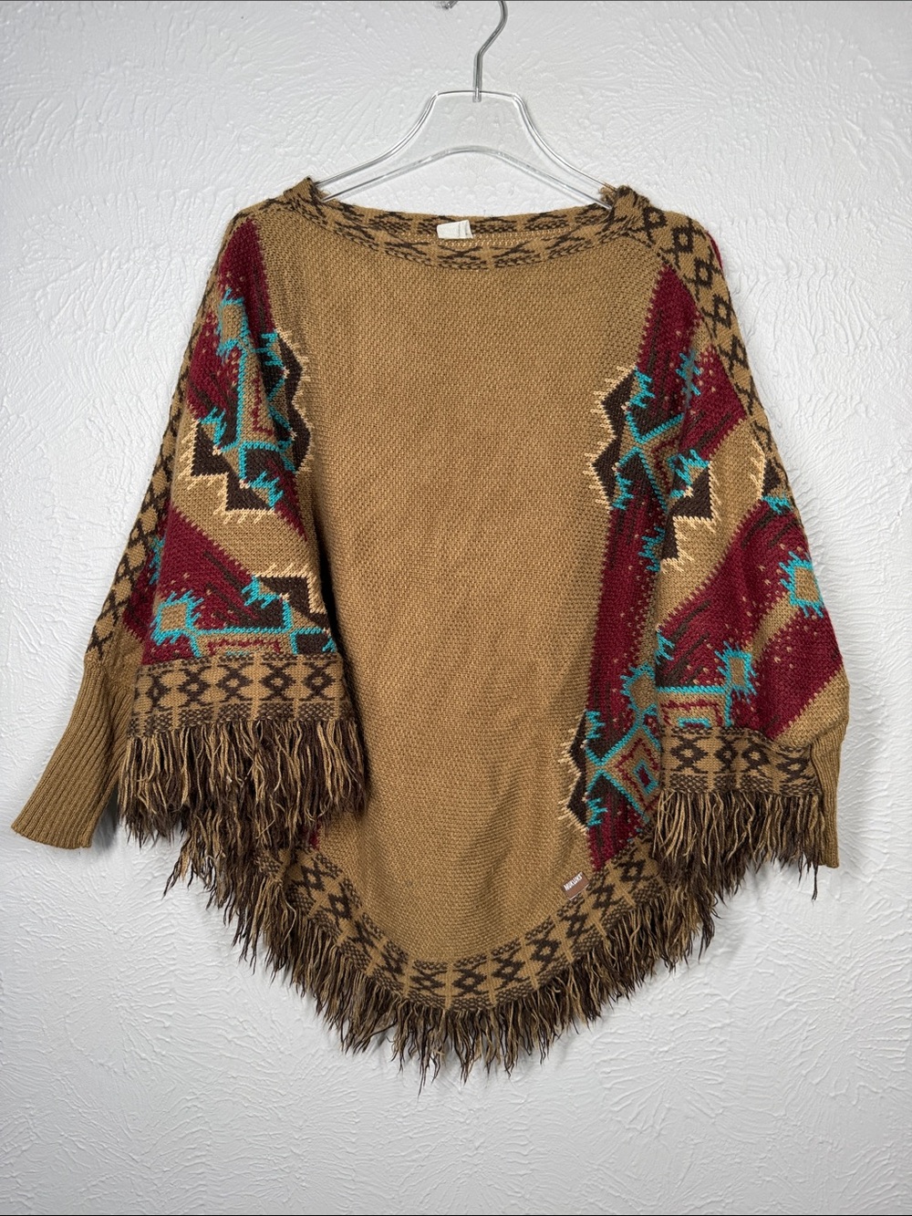 Mukluks Fringe Poncho Sweater - Camel with Red & Turquoise Pattern ONE SIZE